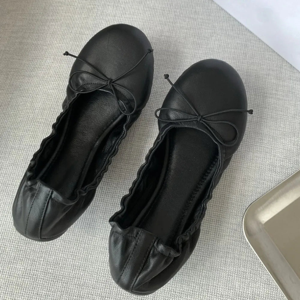 Women's Soft Leather Bow Ballet Flats Ruched Opening Round Toe Slip-on Flat Shoes Comfy Ladies Office Daily Walking Footwear