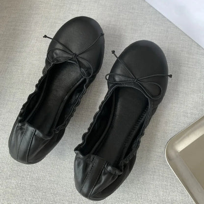Women's Soft Leather Bow Ballet Flats Ruched Opening Round Toe Slip-on Flat Shoes Comfy Ladies Office Daily Walking Footwear