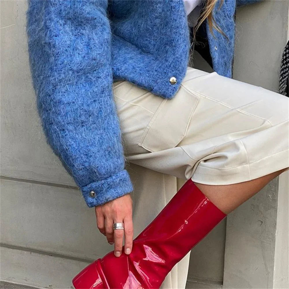 Autumn Winter Blue Short Woolen Jacket for Women Lapel Long Sleeve Button Up Warm Coat Female Casual Streetwear Tops
