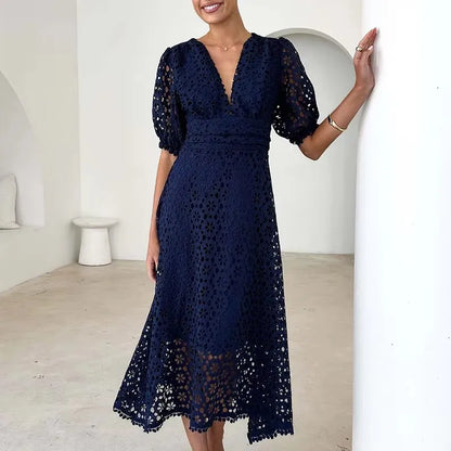 Sexy Deep V Lace Hollow Crochet Solid color Party Dresses Summer Elegant Women Temperament Waist Cinching A-Line Maxi Dress 2025