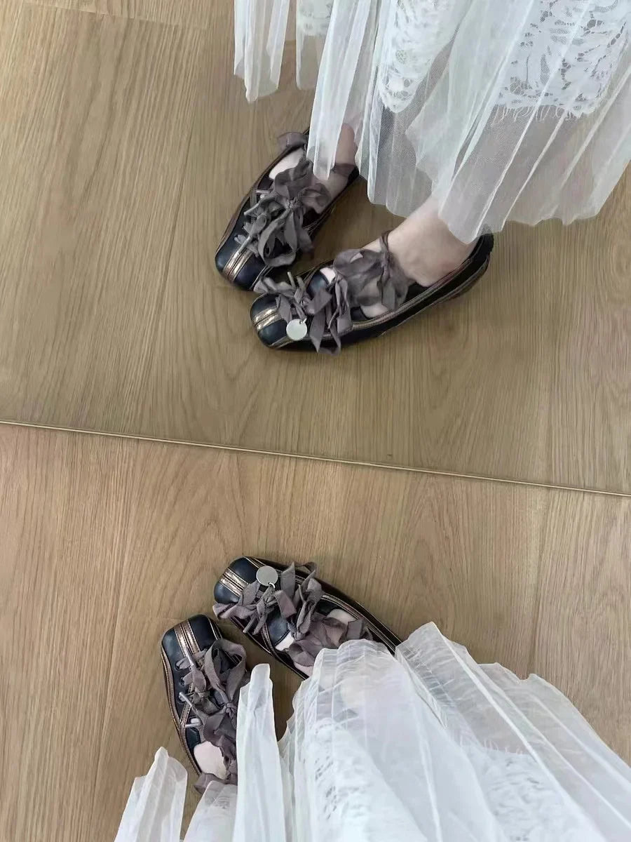 Spring Lolita Square Toe Purple Flat Ballet Shoes Women's 2024 New Straps Bow Color Matching Mary Jane Shoes