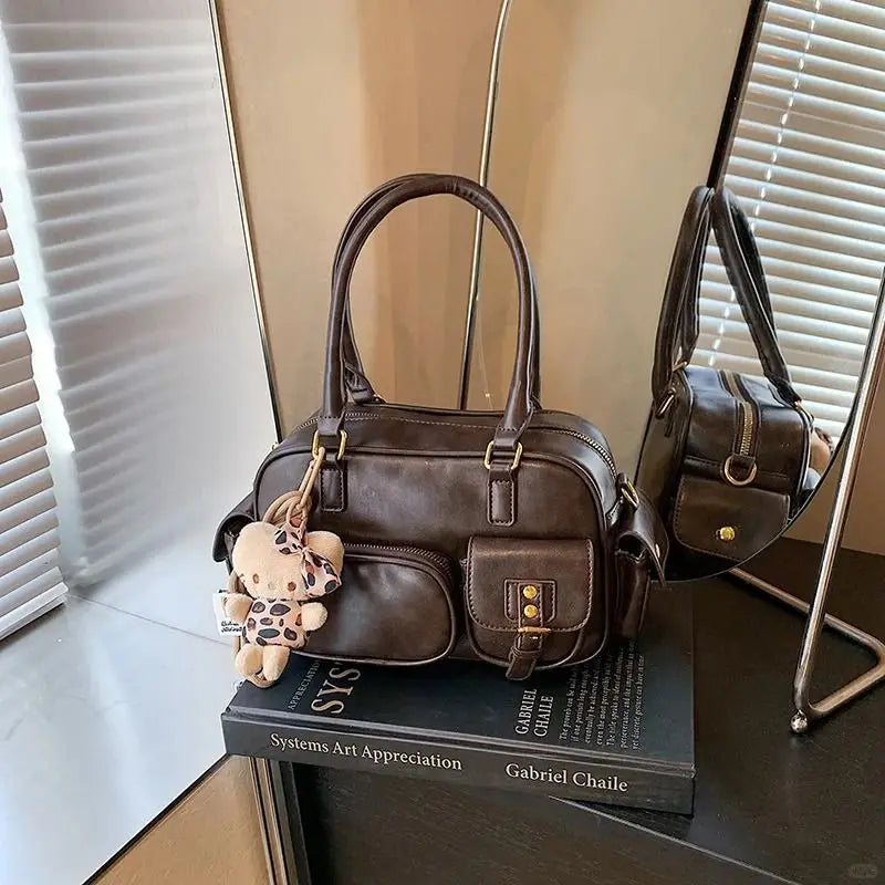 Retro Brown Bowling Tote Bag Women Ladies Leather Multi Pocket Large Capacity Shoulder Bag Ladies Fashion Boston Crossbody Bags