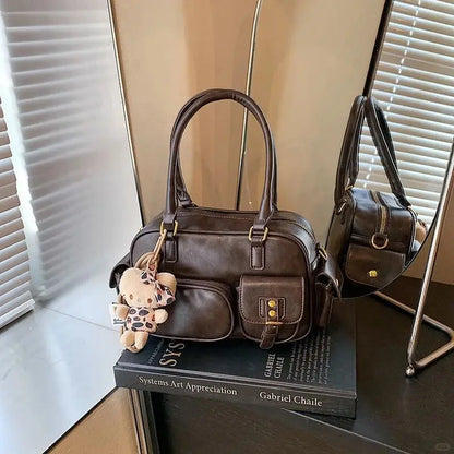 Retro Brown Bowling Tote Bag Women Ladies Leather Multi Pocket Large Capacity Shoulder Bag Ladies Fashion Boston Crossbody Bags