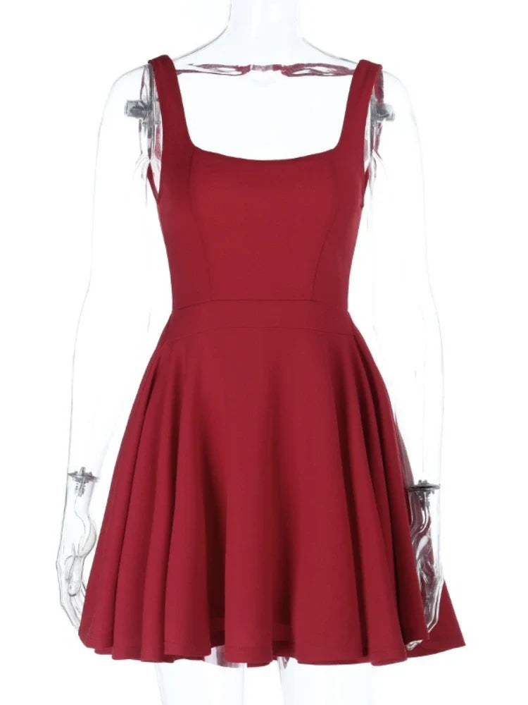 Women's Red Backless Mini Dress Summer Fashion Square Neck Sleeveless High Waist A Line Short Summer Elegant Tank Dress