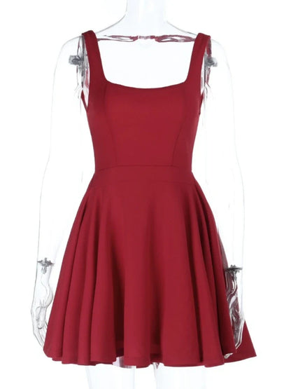 Women's Red Backless Mini Dress Summer Fashion Square Neck Sleeveless High Waist A Line Short Summer Elegant Tank Dress