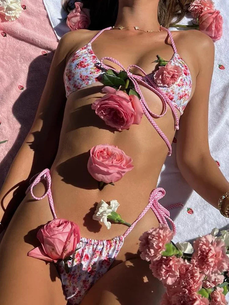 Push Up Bikinis Print Swimwear Women Halter Swimsuit Sexy Bikini Set Low Waist Thong Two Piece Suits 2024 Bathing Suits