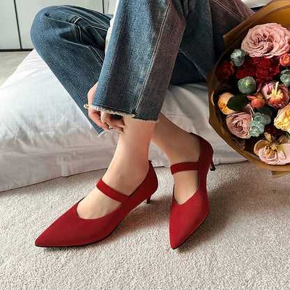 Women Pumps 5 cm Fashion Ladies Spring Shoes One Strap Genuine Leather High Heel Pointed Toe Pumps