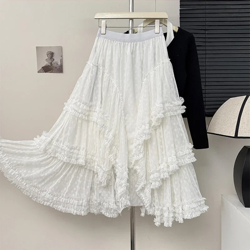 Korean style Beige Maxi Long Tulle Skirt Women Spring Summer Mesh Big Hem A-line Skirt Female Party Skirt Clothes