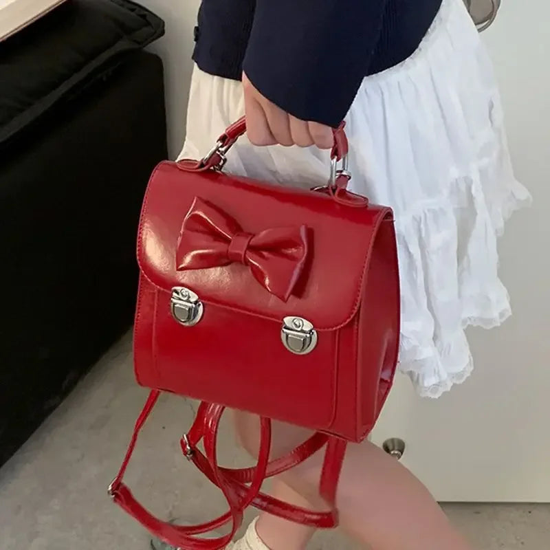 Elegant Womens Backpack Cute Bow Vintage Red Small Square Casual Backpack Fashion Gentle Advanced Female Korean Popular Bag