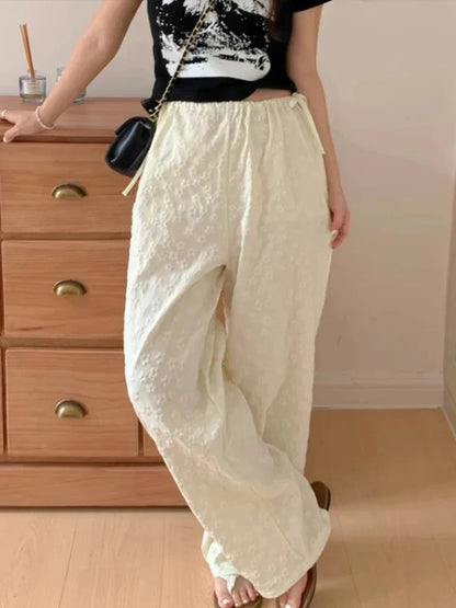 Casual South Korea Chic Spring Design Lace Up Bow High Waist Versatile Jacquard Casual Straight Pants Trousers Women