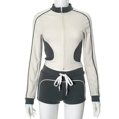 Casual Patchwork Women Two Piece Short Sets 2025 Spring Fashion Sporty Fitness Outfit Long Sleeve Cropped Jacket and Mini Shorts