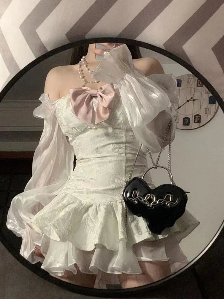Medieval Floral Print Retro Satin Mini Dress for Women Off Shoulder Long Sleeve Birthday Dress with Bow Fairycore Cute