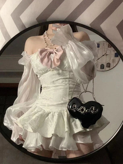 Medieval Floral Print Retro Satin Mini Dress for Women Off Shoulder Long Sleeve Birthday Dress with Bow Fairycore Cute