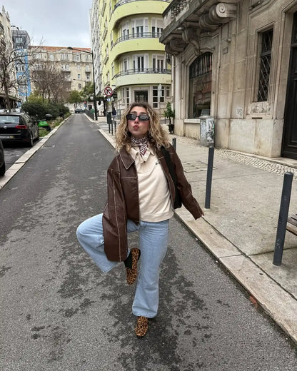 Women Solid Zipper Leather Jacket Fashion Patchwork Lapel Collar Long Sleeve Loose Overcoat Female Autumn High Street Outerwear
