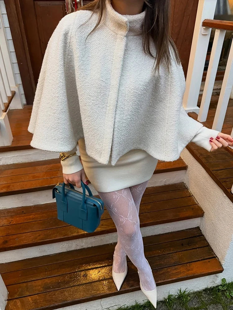 Elegant Cloak Women Loose High Neck A Line Hidden Button Coats Female 2025 Spring New Fashion Solid Soft Chic Cloaks Lady