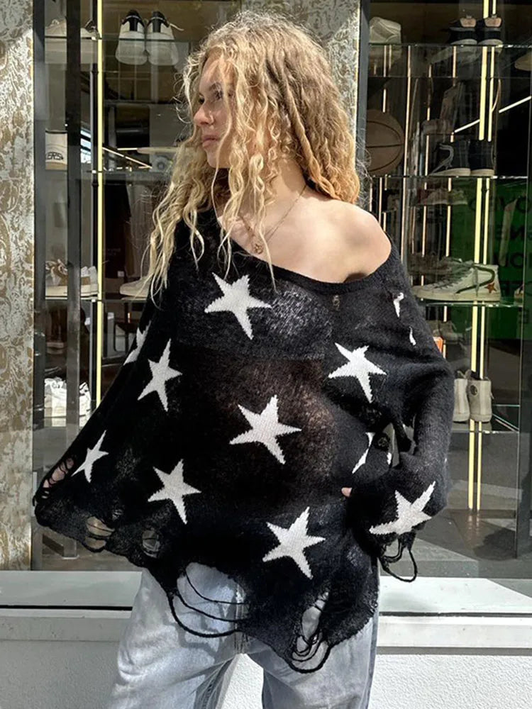 Street Stars Printed irregular Wide Collar Sweater Hot Girl Loose Thin Ripped Knit Sexy See Through Pullovers Long Sleeve