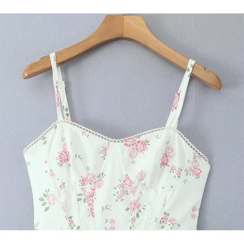 New 2025 Women Floral Print Elegant Sling Long Dress Sexy Thin Straps Hem Slit A-line Summer Holiday Dresses