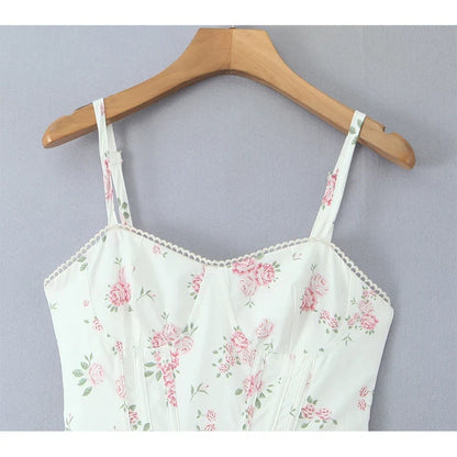 New 2025 Women Floral Print Elegant Sling Long Dress Sexy Thin Straps Hem Slit A-line Summer Holiday Dresses