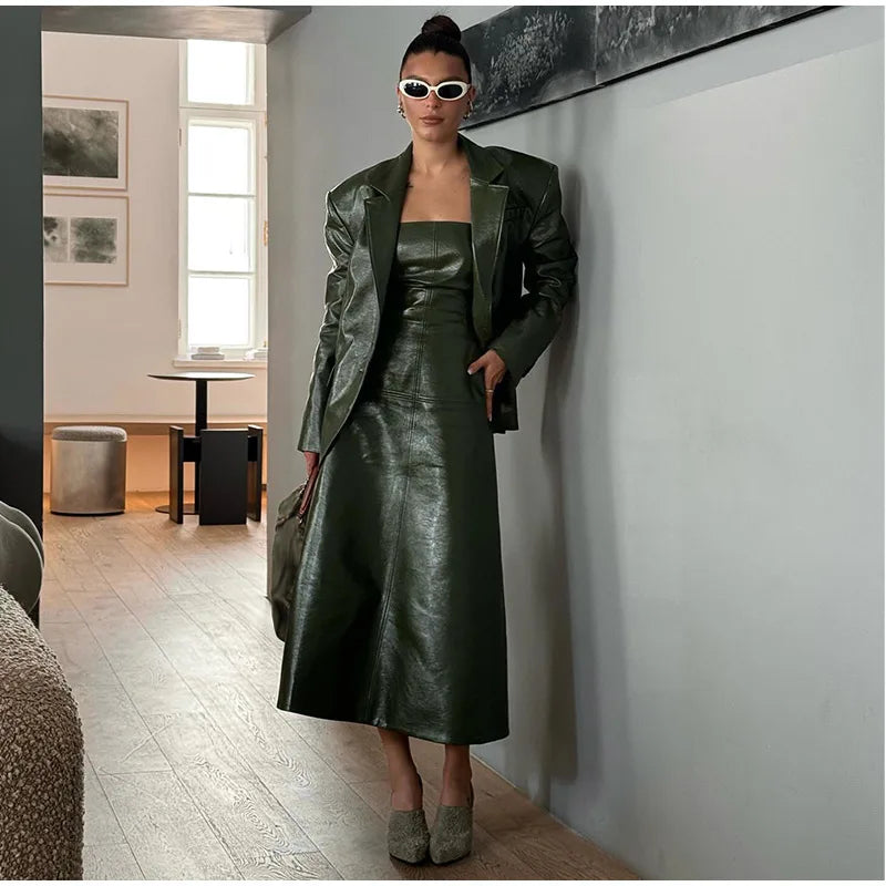 PU Leather Tube Dresses Suit Coat Women's Set Vintage Solid Slim Fit Long Dress Lapel Jackets Sets Female Chic Street Outfits