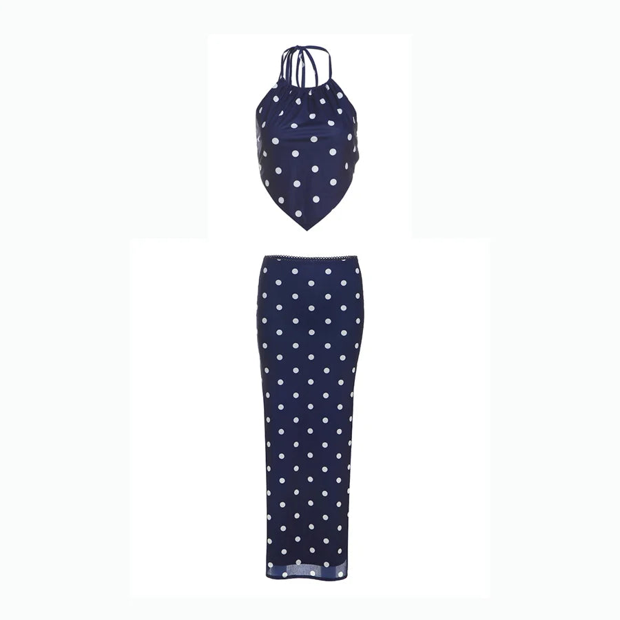 Sexy Polka Dot Print 2-Piece Set Women Halter Bandage Halter Backless Sleeveless Mini Tops+Straight Skirt Matching Suit