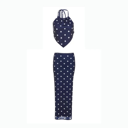 Sexy Polka Dot Print 2-Piece Set Women Halter Bandage Halter Backless Sleeveless Mini Tops+Straight Skirt Matching Suit