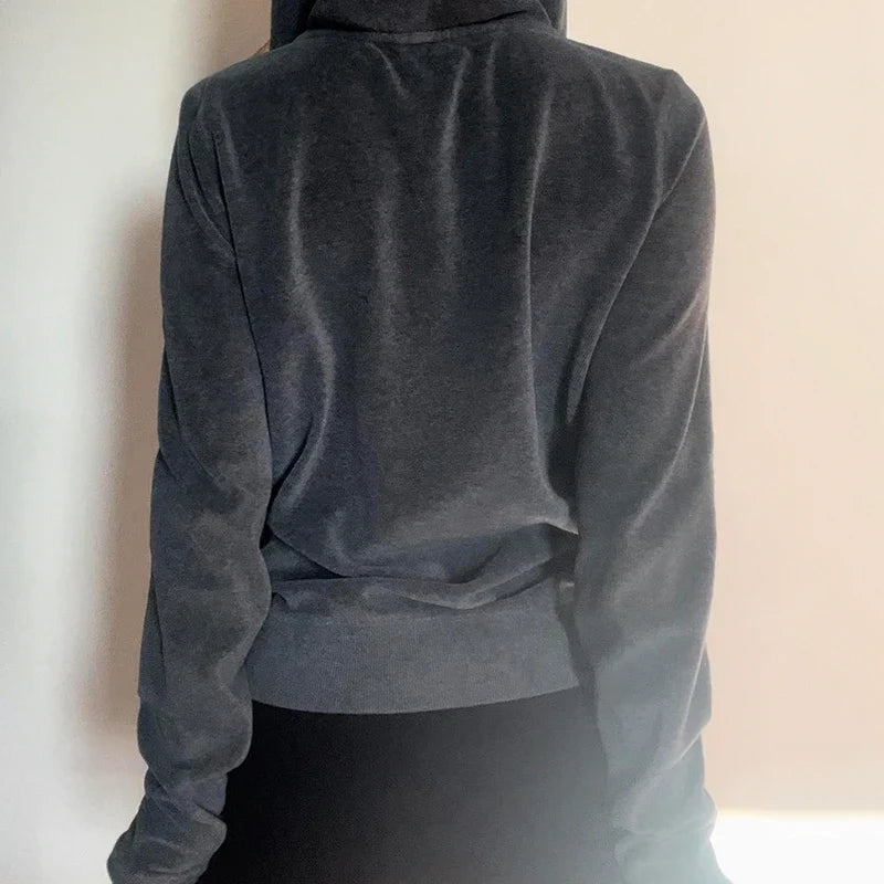 Y2K Graphic Print Zipper Jacket with Hooded Vintage Aesthetic Gray 2000s Women Coat Knitted Outwear Autumn Outfits