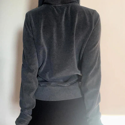 Y2K Graphic Print Zipper Jacket with Hooded Vintage Aesthetic Gray 2000s Women Coat Knitted Outwear Autumn Outfits
