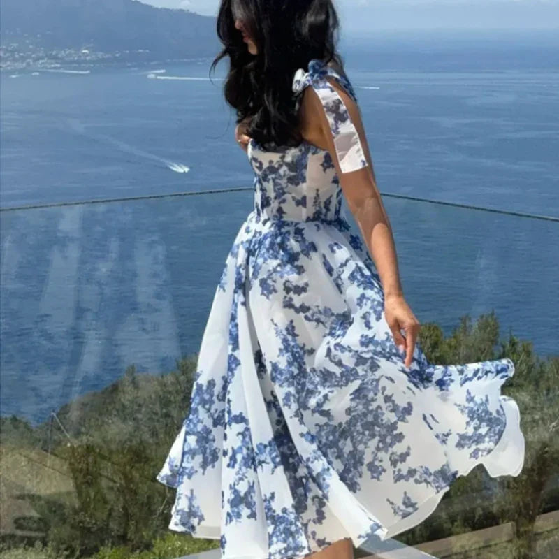 Floral Print Bow Shoulder Strap Sweetheart Corset Bodice Midi Dress