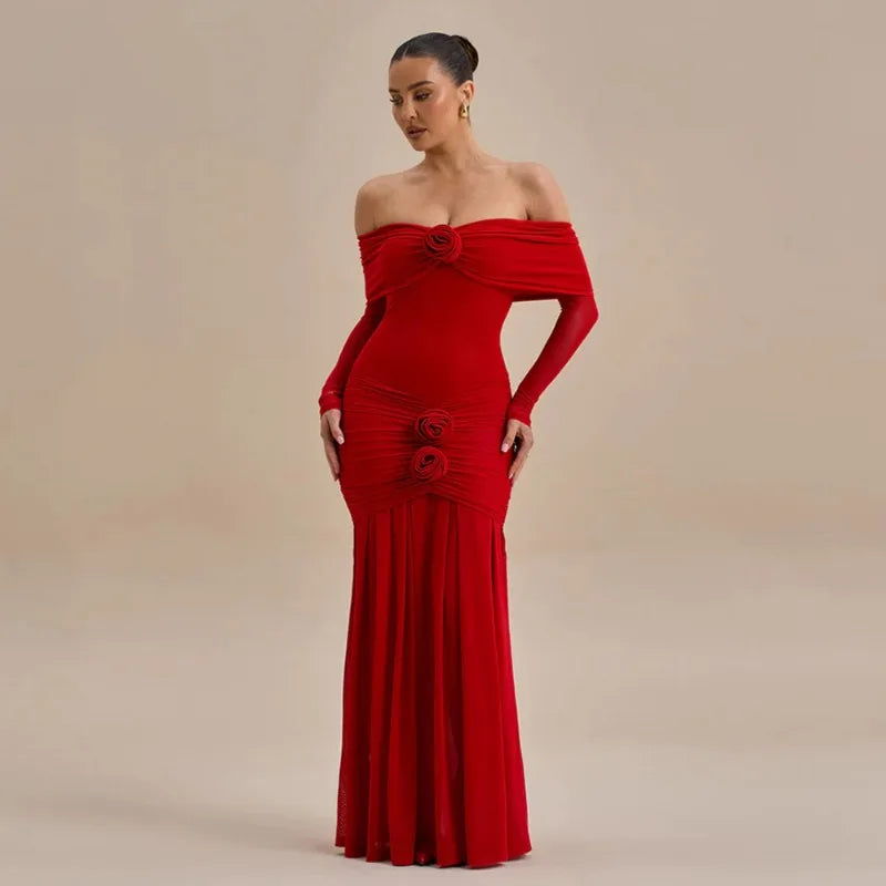 Off Shoulder Long Sleeve 3D Floral Rosette Mermaid Maxi Gown