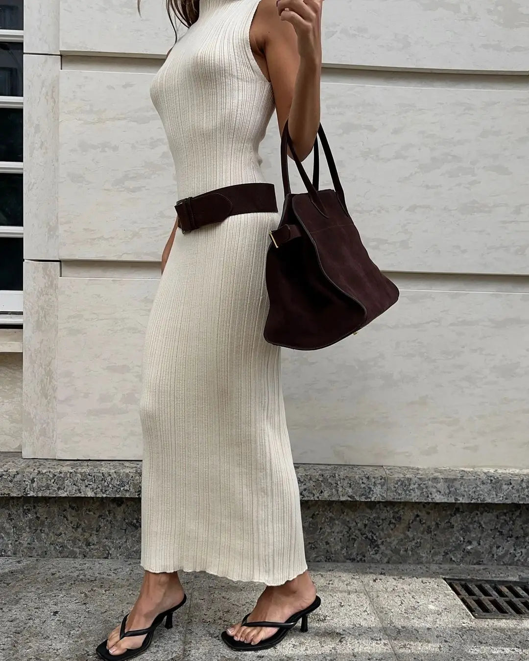 Mock Neck Sleeveless Rib Knit Bodycon Maxi Dress