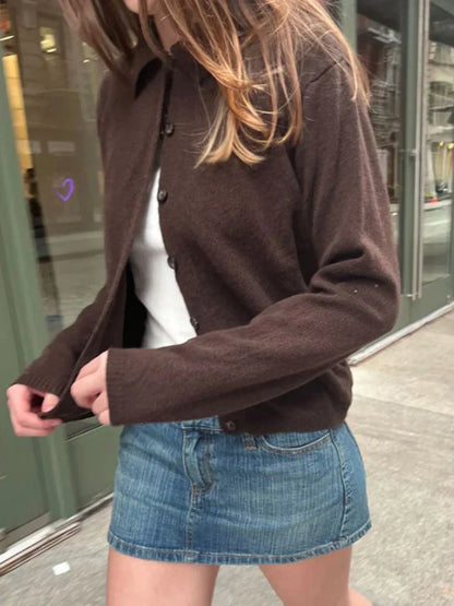 Vintage Button Soft Knitted Cardigan Femme Autumn Cotton Warm Turn Down Collar Sweaters Coat Harajuku Casual Women Sweater Tops