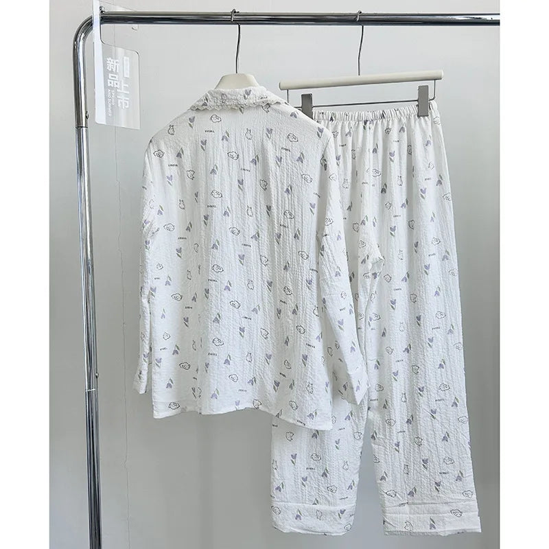 Sleepwear Cotton Pajamas Long Sleeve Pyjamas Women Nightwear Lapel Pyjamas Home Clothes