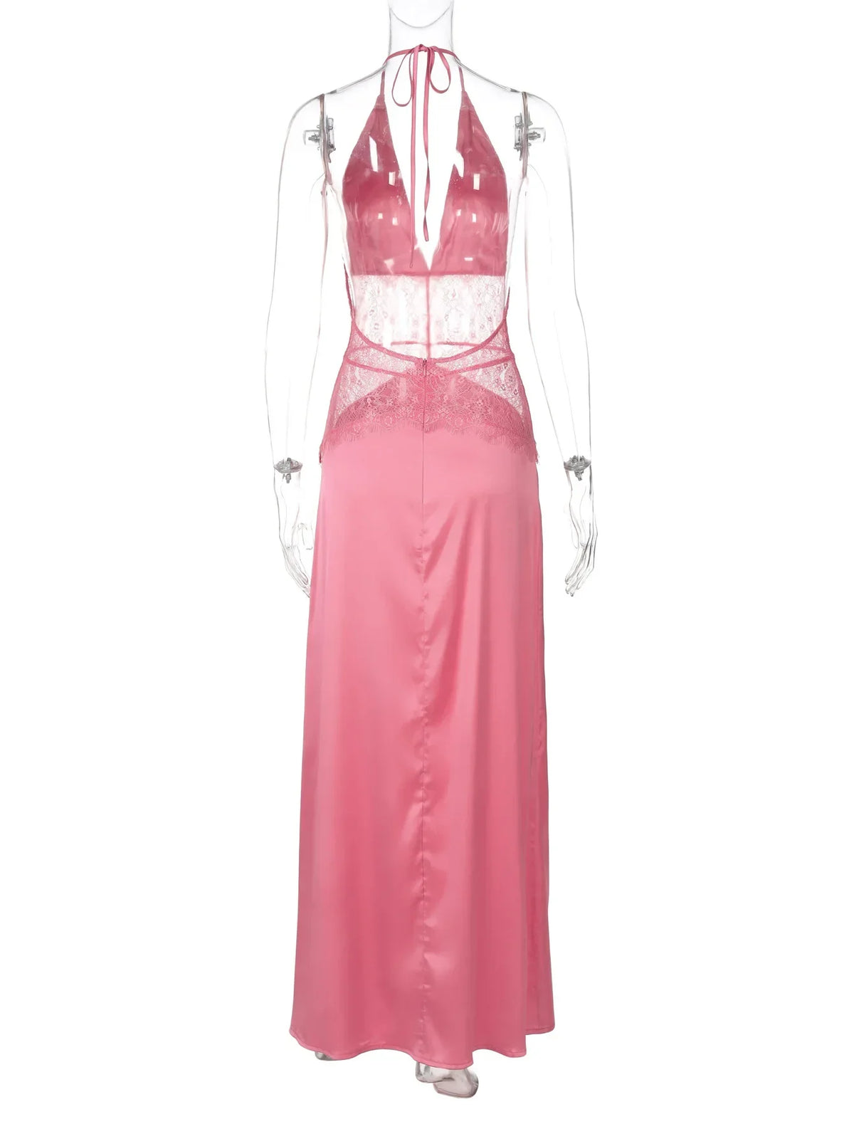 Lace Patchwork Vacation Beach Dresses for Women Summer Sexy Halter Neck Backless Long Maxi Pink Birthday Party Prom Dress