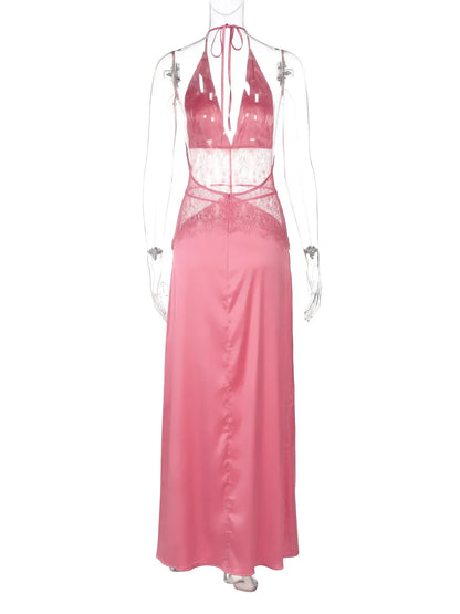 Lace Patchwork Vacation Beach Dresses for Women Summer Sexy Halter Neck Backless Long Maxi Pink Birthday Party Prom Dress