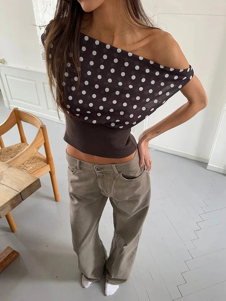 Backless Polka Dot Crop Tops Women Vest Fashion Summer New Oblique Shoulder Sleeveless Tank Tops Pullovers Female