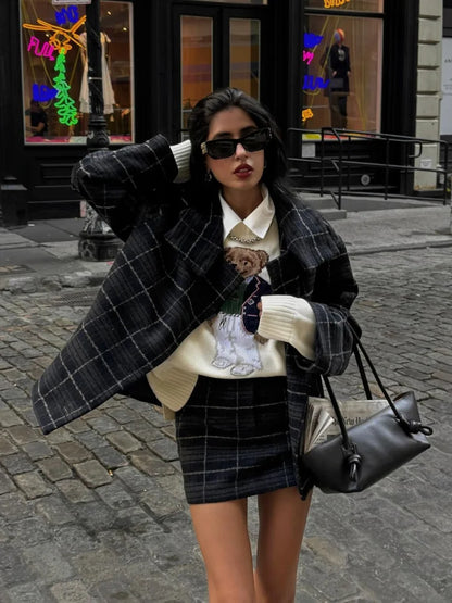 chic Plaid Lapel Women's Suit Jackets Casual Long Sleeved Pocket Single Breasted Coats Autumn Loose Office Commut Lady Outerwear