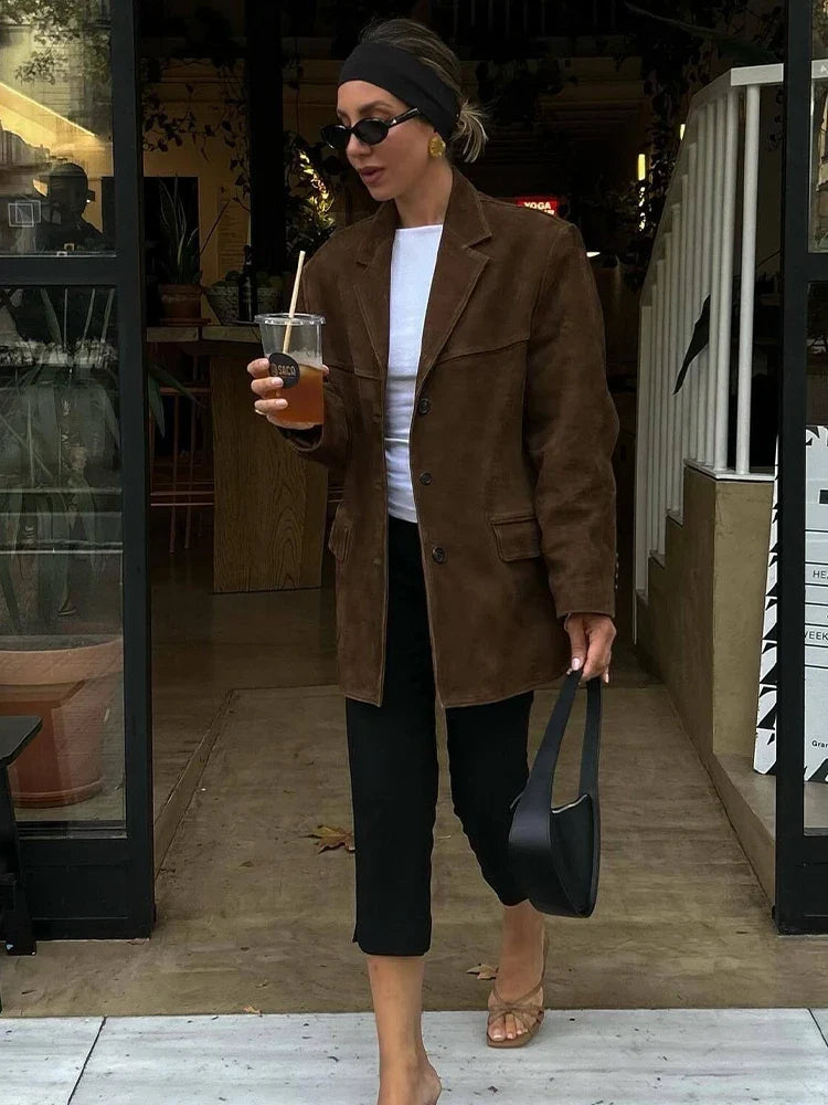 Women Autumn And Winter Suede Single-breasted Blazer Female Chic High Street Fashion Casual Lapel Long Sleeve Coat Mujer
