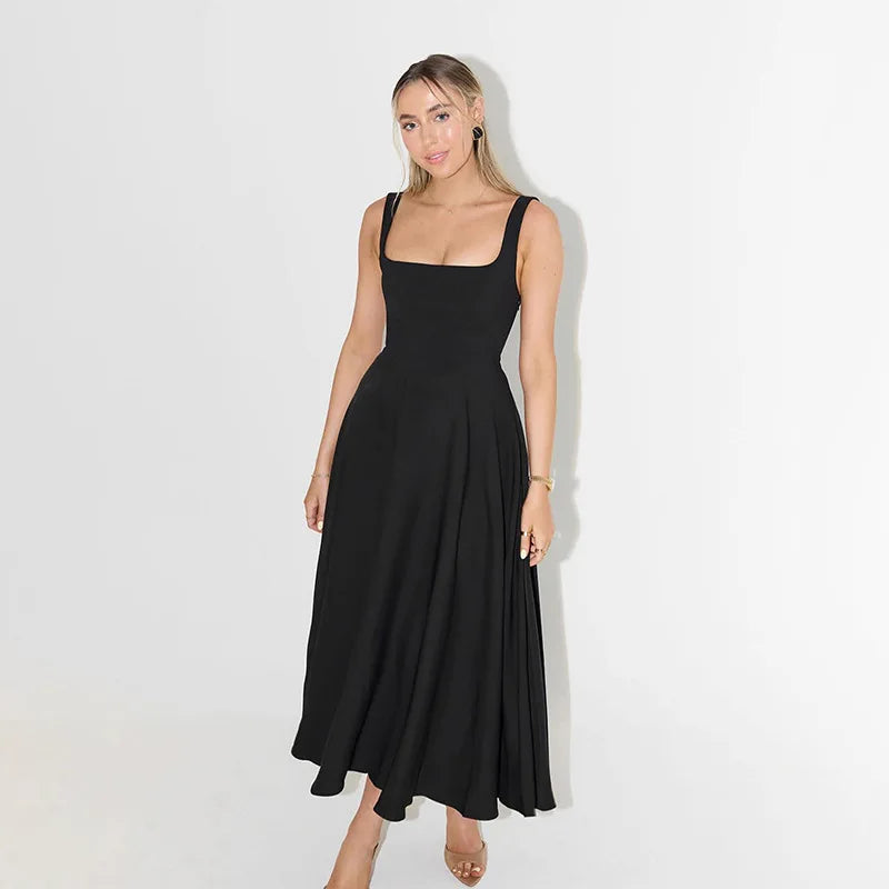 Square Neck Sleeveless A Line Fit and Flare Midi Dress