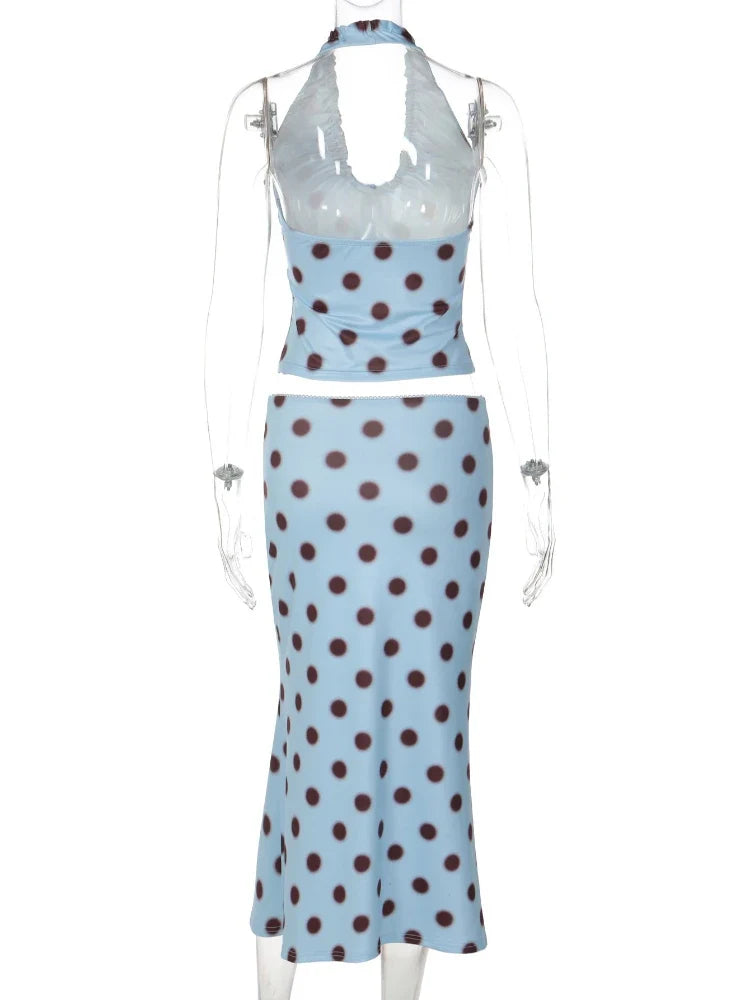 Polka Dot Print Tie Up Front Ruched Deep V Halter Top Midi Skirt 2 Piece Set for Women Summer Trend Daily Street Outfit