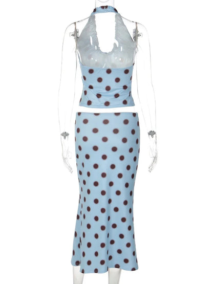 Polka Dot Print Tie Up Front Ruched Deep V Halter Top Midi Skirt 2 Piece Set for Women Summer Trend Daily Street Outfit