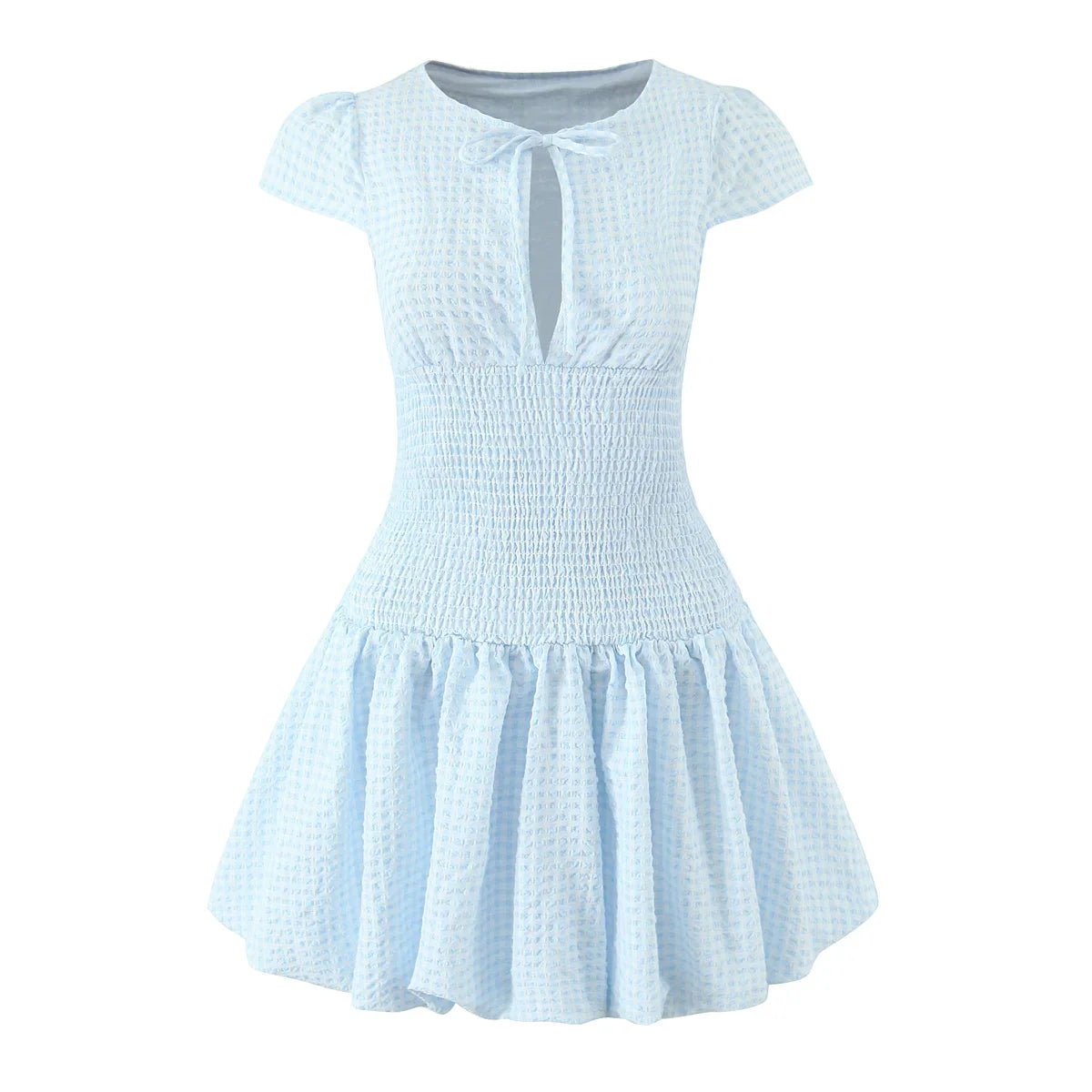 Light Blue Plaid Slim Fit Bud Mini Dress Women Short Sleeve O Neck Casual Holiday Summer Dresses Female 2026 Robe