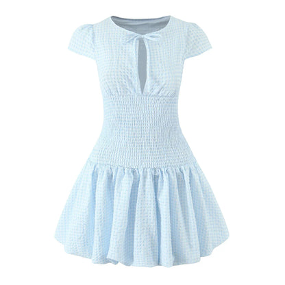 Light Blue Plaid Slim Fit Bud Mini Dress Women Short Sleeve O Neck Casual Holiday Summer Dresses Female 2026 Robe