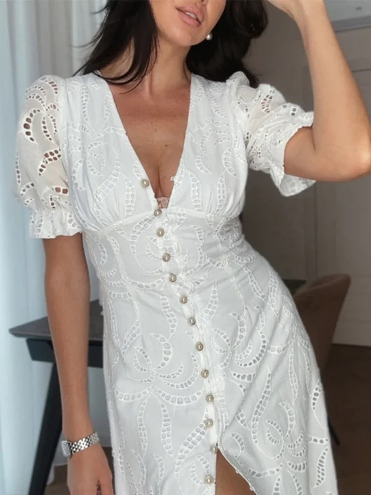 Elegant Sexy Embroidery Long Dress Women V Neck Single Breasted Short Sleeves Vestidos Female 2025 Summer Chic Soft Solid Robe
