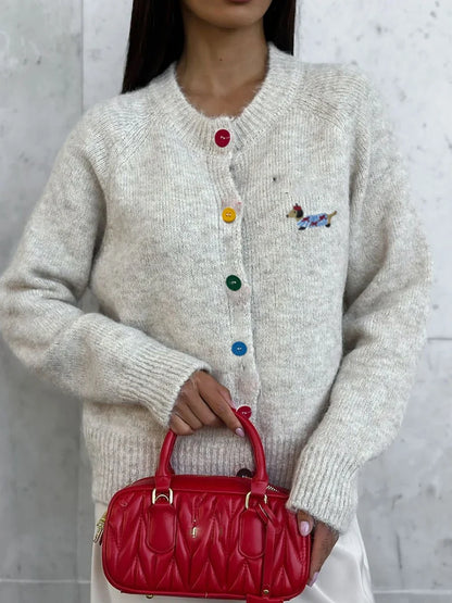 Little Dog Embroidery Cardigan Autumn O Neck Single Breasted Knitted Outerwear Women Simple Fashion Casual Long Sleeve Jumper