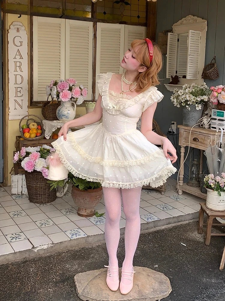 Summer New Original Sweet Girl Vacation Short Dress Fresh High Waist Bow Slimming Lace Small Fly Sleeve Party Dresses