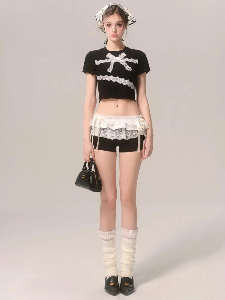 Lace Patchwork Black Shorts Women Bow Elastic Waist Sexy Girl Tight Short Pants Summer Ballet Style Chic Kawaii Clothes