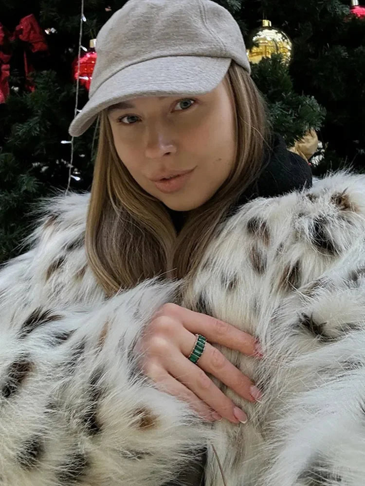 Women Fashion Leopard Faux Fur Jacket Coat Long Sleeve Front Snap-button Female Outerwear Chic Lapel Collar Thick Coats