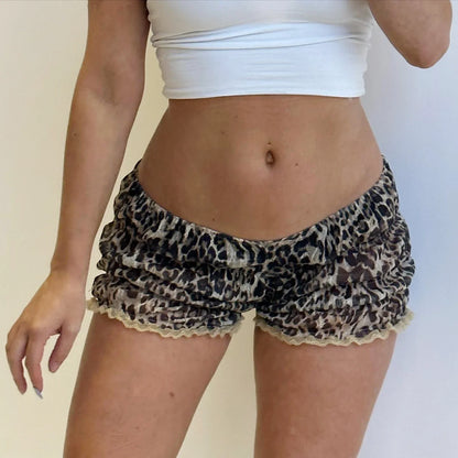 Women's Y2K Vintage Gothic Ruffled Slim Fit Lace Trim Shorts Summer Leopard Print Elastic Low Waist Lounge Bottoms