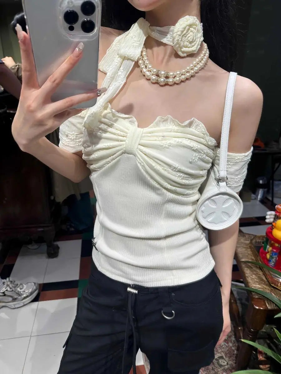 Lace Jacquard Camisetas Sexy Short Sleeve Solid Tshirts Women Tees Slash Neck Slim Fit Y2k Skinny Bow Floral Scarf Hotsweet