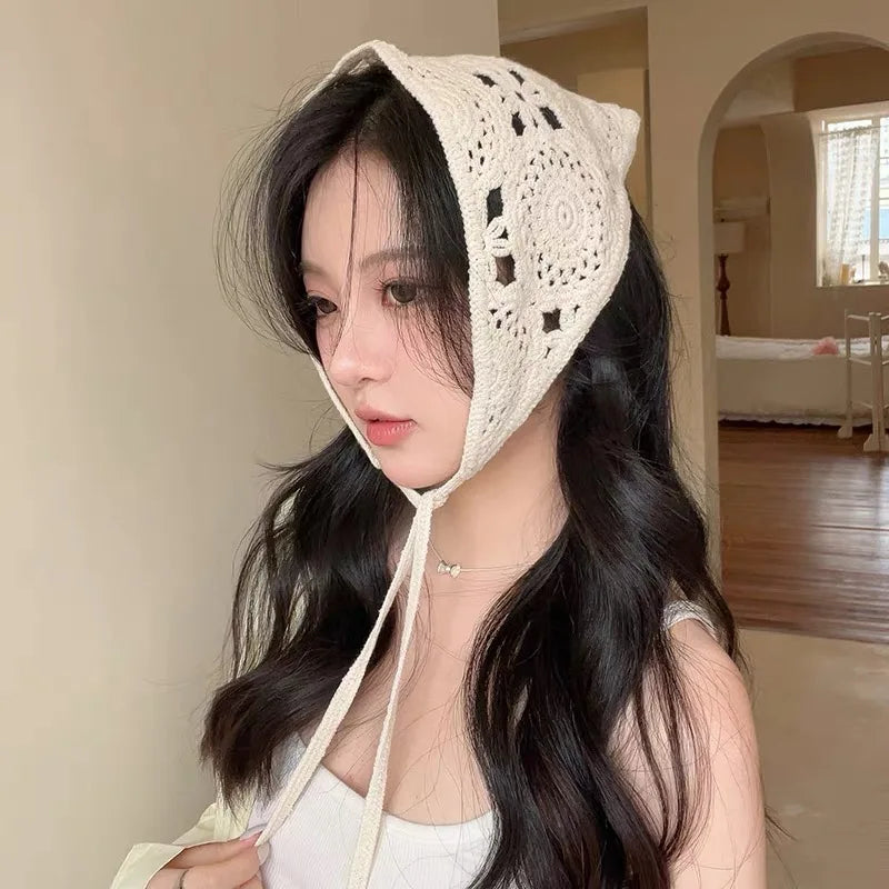 Spring Summer Knitted Triangle Headband Handmade Crochet French Pastoral Flower Headband Towel Little Flower Headscarf
